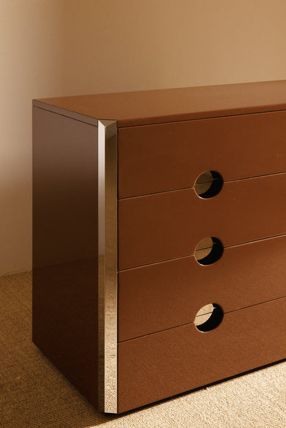 Luigi Caccia Dominioni MB3 commode in wood and metal, angled view of the drawer fronts