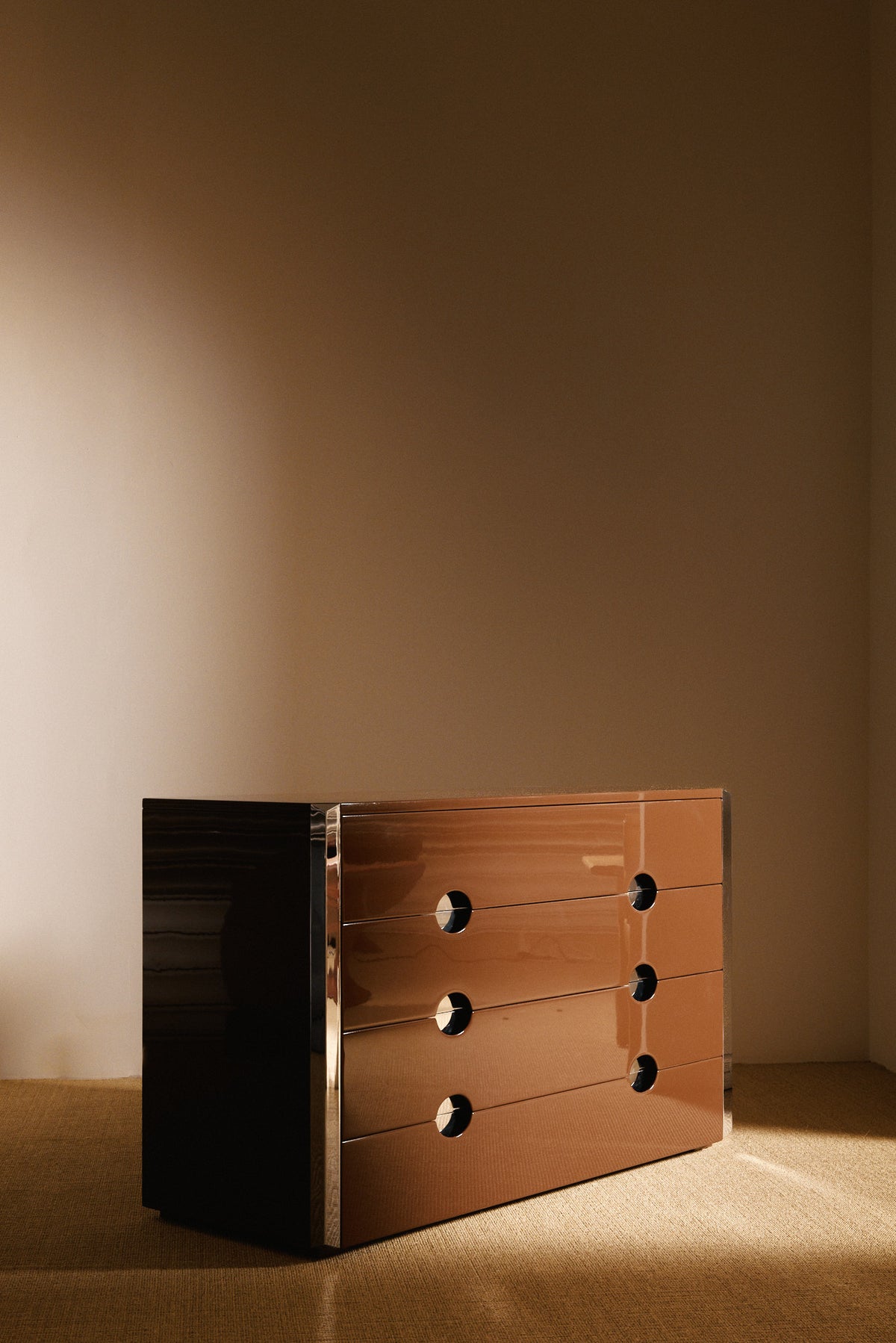 Luigi Caccia Dominioni MB3 commode in wood and metal angled view