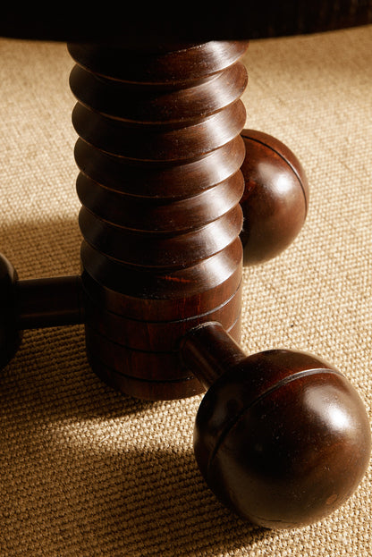 Charles Dudouyt patinated solid oak side table, close view of the ribbed column and a ball foot