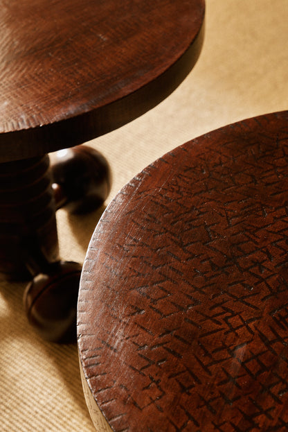 Charles Dudouyt patinated solid oak side table, close view of two tops showing the hatched edge