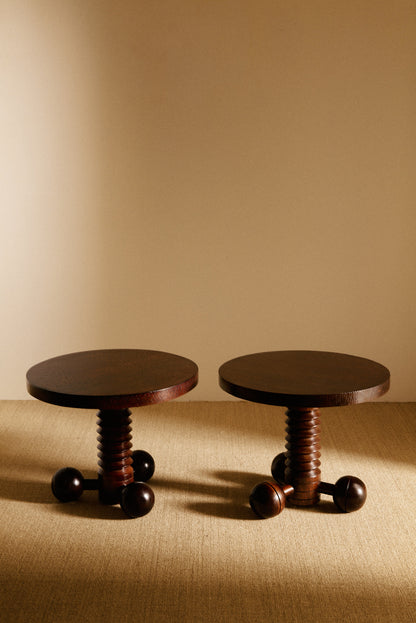 Charles Dudouyt patinated solid oak side table, two tables side by side, angled view