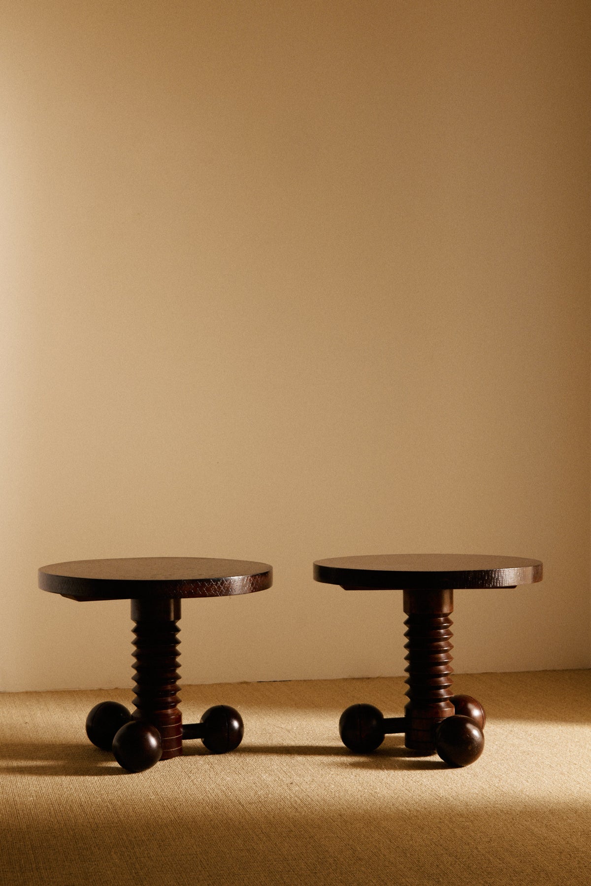 Charles Dudouyt patinated solid oak side table, two tables side by side seen from the front