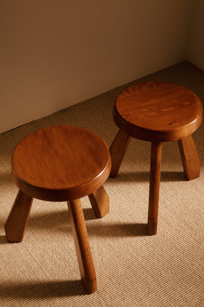 Charlotte Perriand pine Sandoz stools, pair seen from above