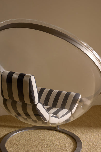 Christian Daninos Lucite and steel Bubble armchair, nearer view of the striped cushions inside the shell