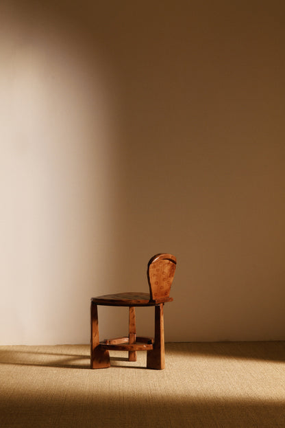 Pair of Dutch wood tripod chairs, single chair, rear angled view