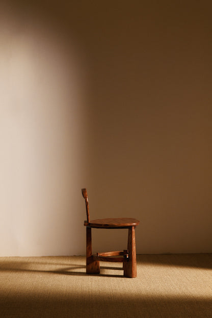 Pair of Dutch wood tripod chairs, single chair, side profile facing right