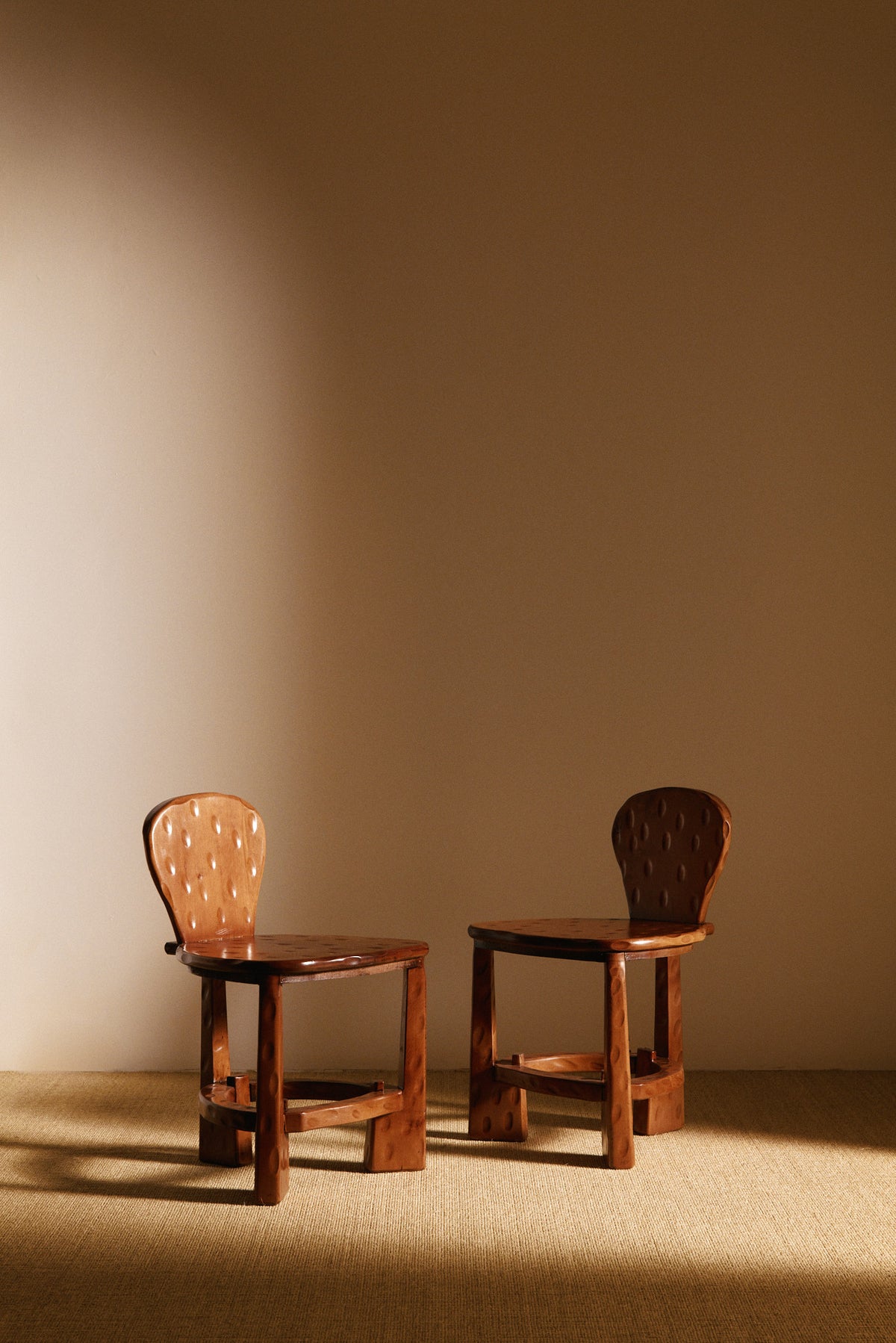 Pair of Dutch wood tripod chairs wider view of the pair