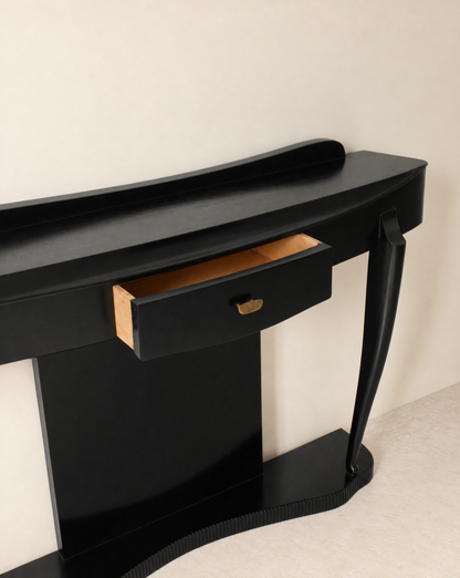 Ebonised console table with the single drawer open showing the pale wood interior