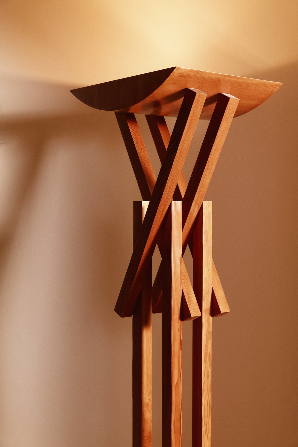 Frank Gehry patinated pine floor lamp, curved dish and crossed struts from below