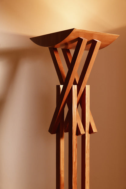 Frank Gehry patinated pine floor lamp, curved dish and crossed struts from below