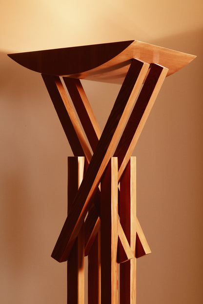 Frank Gehry patinated pine floor lamp, close view of the curved dish and struts