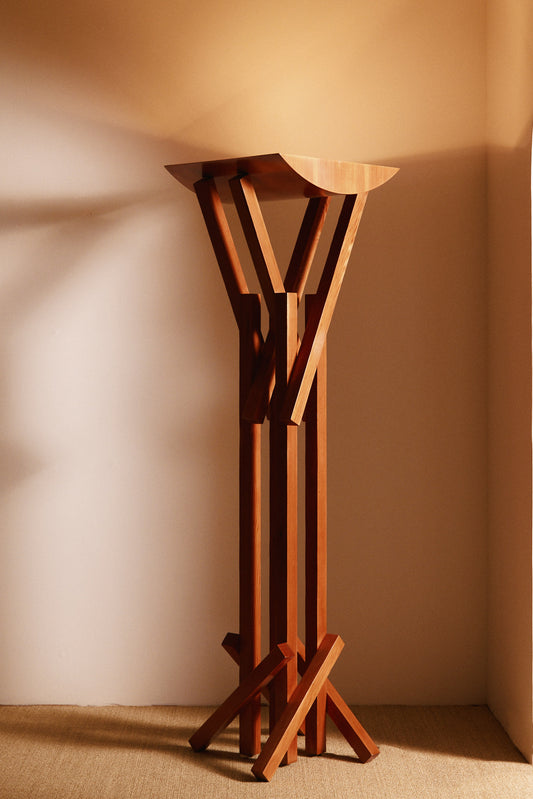 Frank Gehry patinated pine floor lamp, full view in the corner of the room