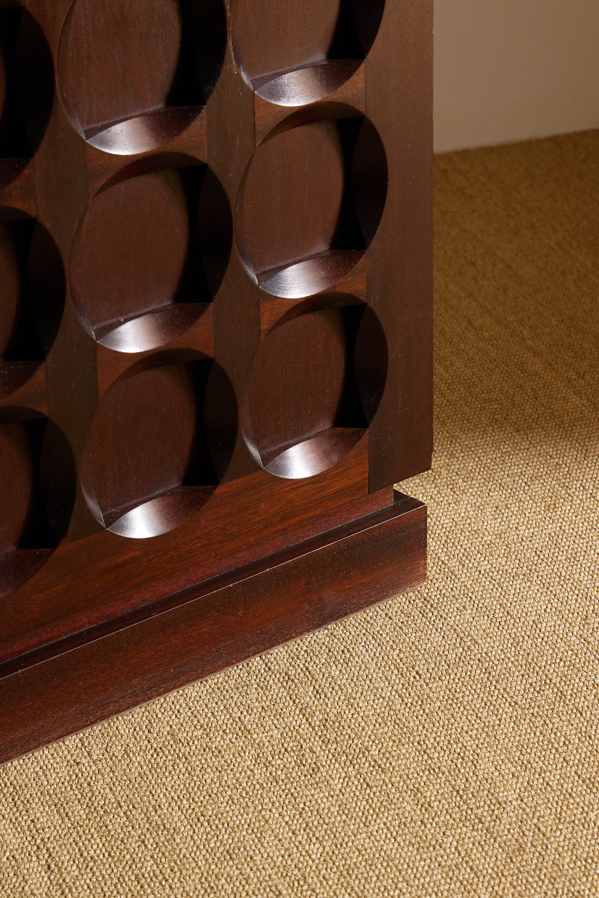 Frans Defour mahogany sculptural bar angled close-up of the carved front