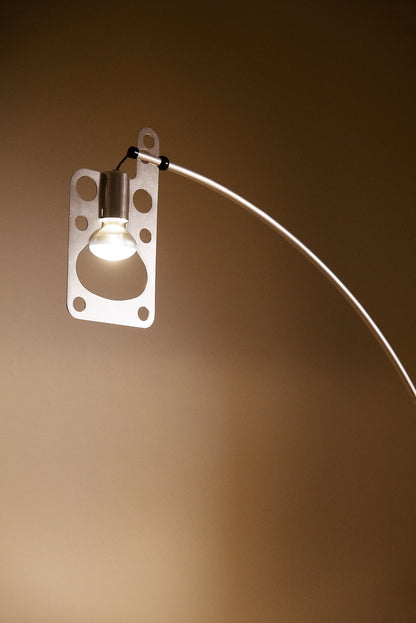 Gabetti & Isola leather and metal floor lamp, pierced plate and bulb at the end of the arm