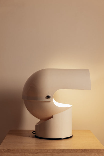 Gae Aulenti molded ABS Mezzo Pileo table lamp, hood open and angled to the right