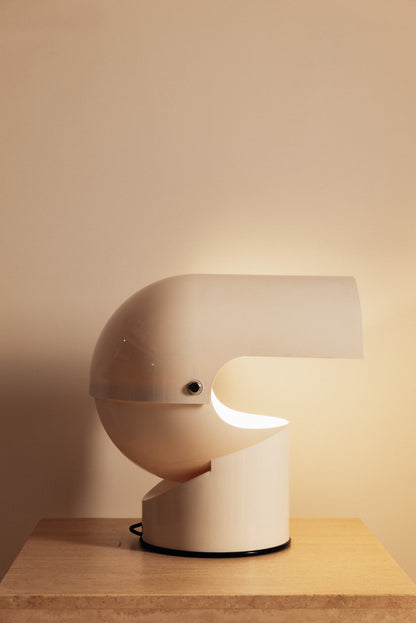 Gae Aulenti molded ABS Mezzo Pileo table lamp, hood open, side view
