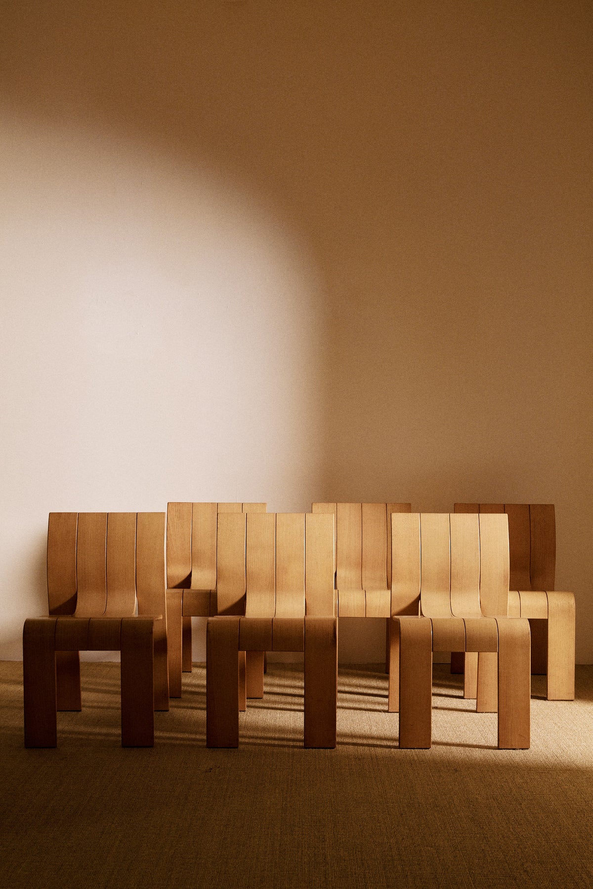Set of 6 Gijs Bakker blonde pine chairs group view
