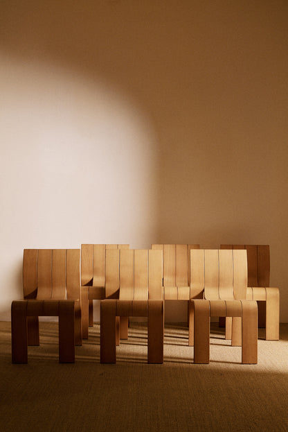 Set of 6 Gijs Bakker blonde pine chairs group view