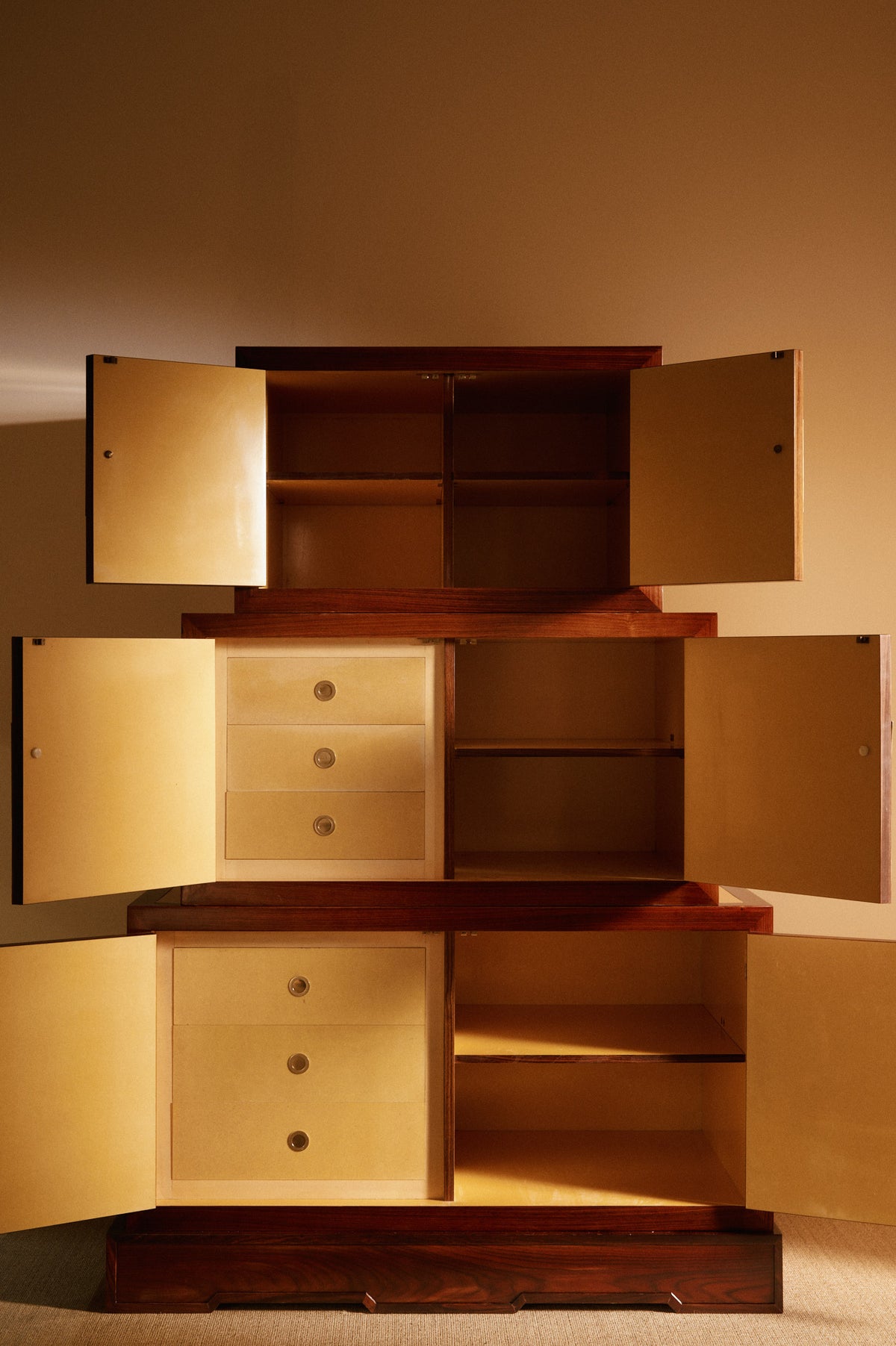 Giovanni Patrini rosewood and lacquered wood cabinet, doors open showing the drawers and shelves