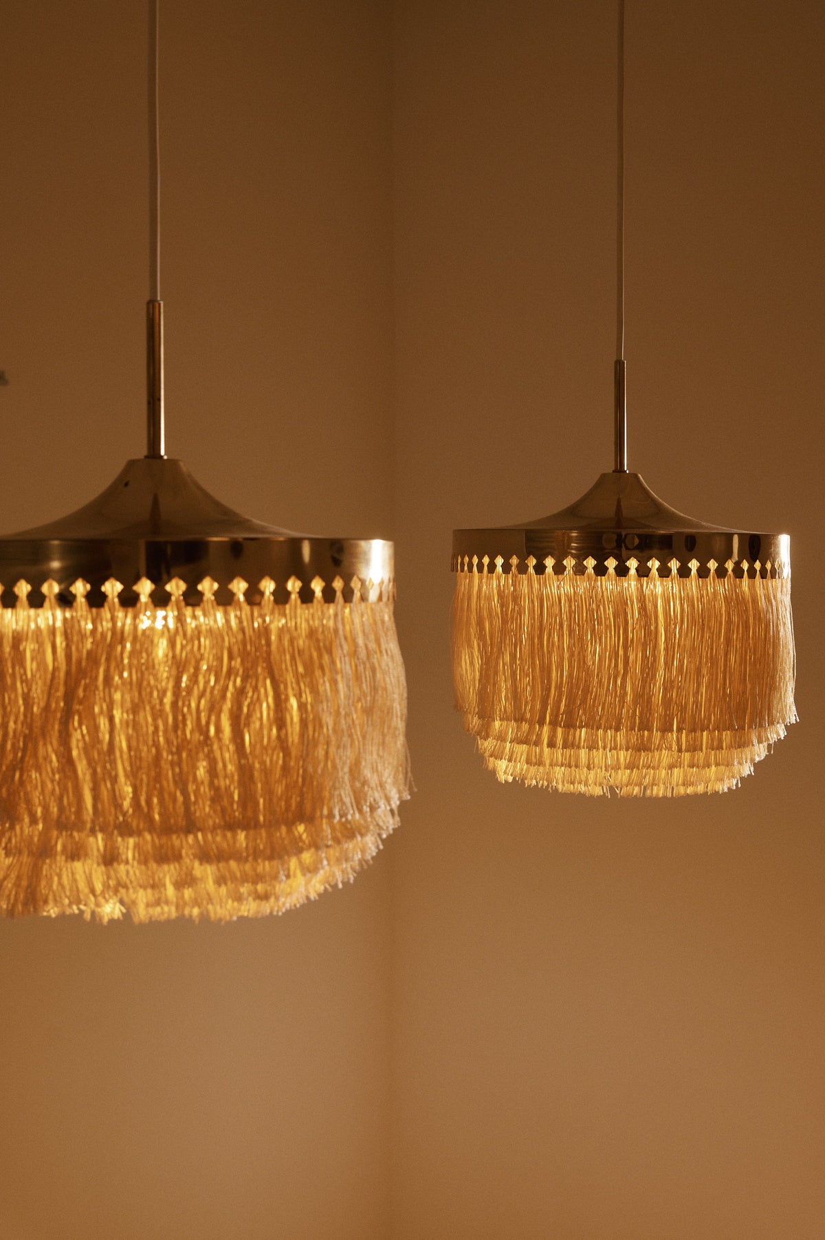 Hans Agne Jakobsson brass and silk pendant lights, nearer view of the pair