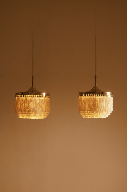 Hans Agne Jakobsson brass and silk pendant lights, pair hanging, lit