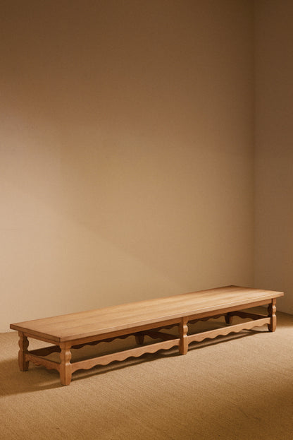 Henning Kjaernulf brushed oak coffee table, full view of the long table in the room