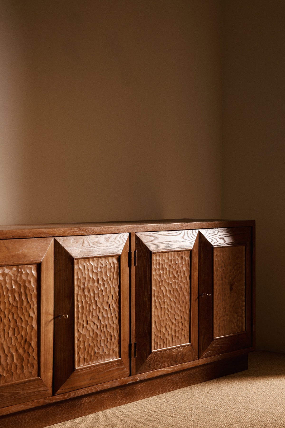 Italian hand carved wood sideboard, wide front view