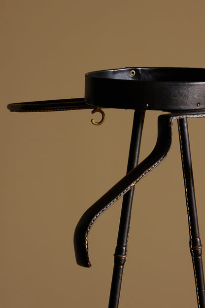 Jacques Adnet lacquered metal and leather night valet, close view of the arm, tray and hook