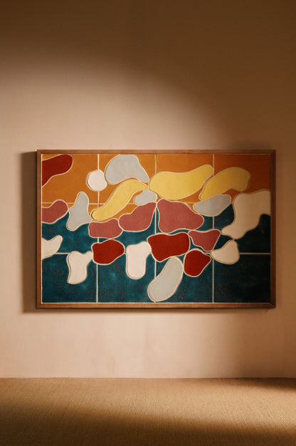 Jan Snoeck ceramic artwork in a wooden frame, full view hung on the wall