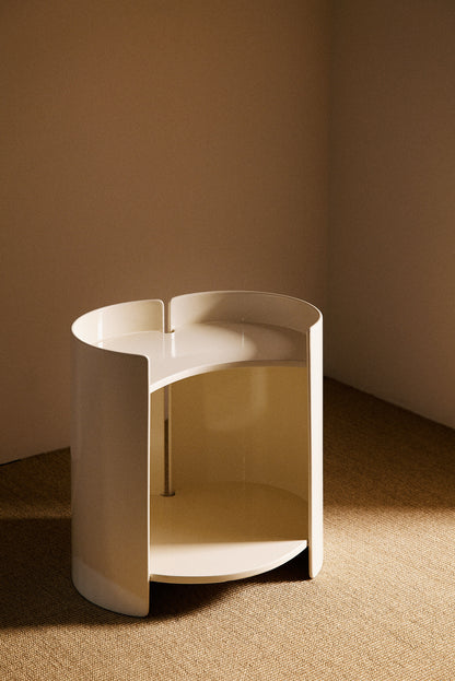 Kazuhide Takahama off white lacquered wood Gea side table, full view of one table from the side with the shelf open