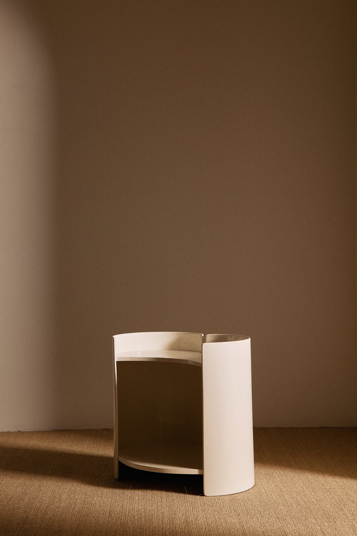Kazuhide Takahama off white lacquered wood Gea side table, single table at an angle with the shelf showing