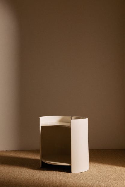 Kazuhide Takahama off white lacquered wood Gea side table, single table at an angle with the shelf showing