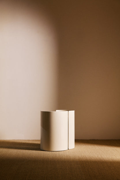 Kazuhide Takahama off white lacquered wood Gea side table, single table at an angle as a closed drum
