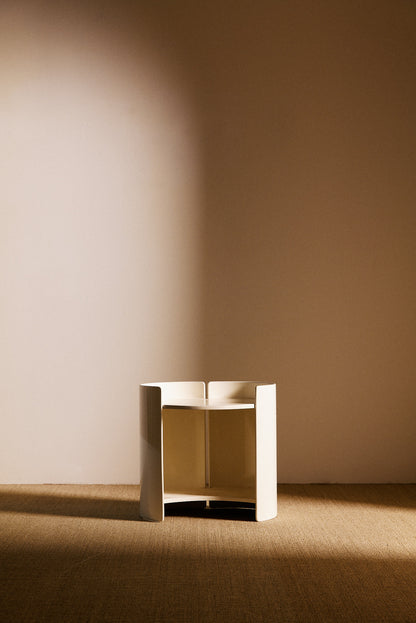 Kazuhide Takahama off white lacquered wood Gea side table, single table from the front with the shelf showing