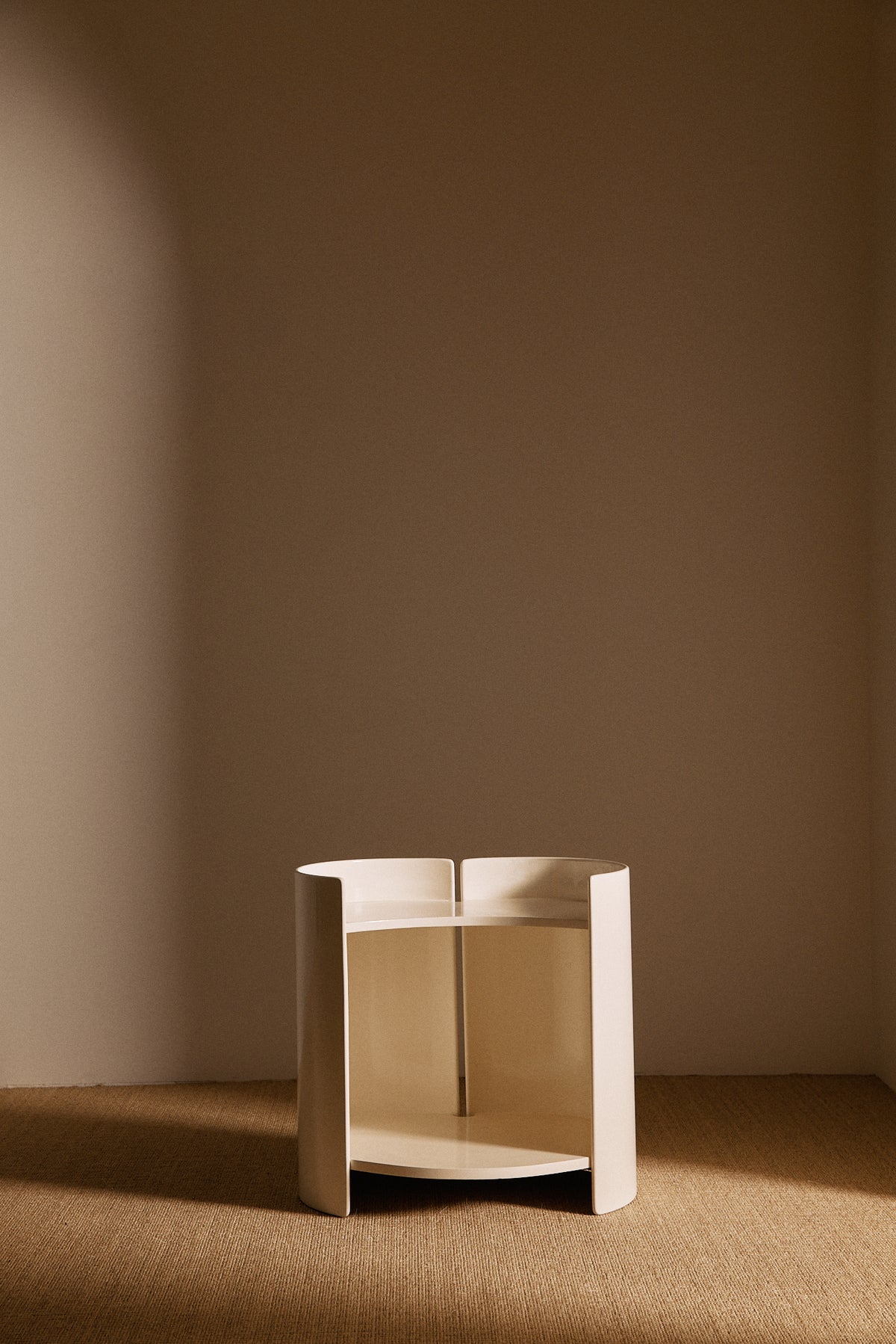 Kazuhide Takahama off white lacquered wood Gea side table, single table straight on with the open shelf