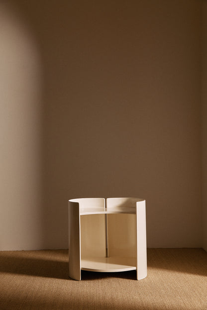 Kazuhide Takahama off white lacquered wood Gea side table, single table straight on with the open shelf