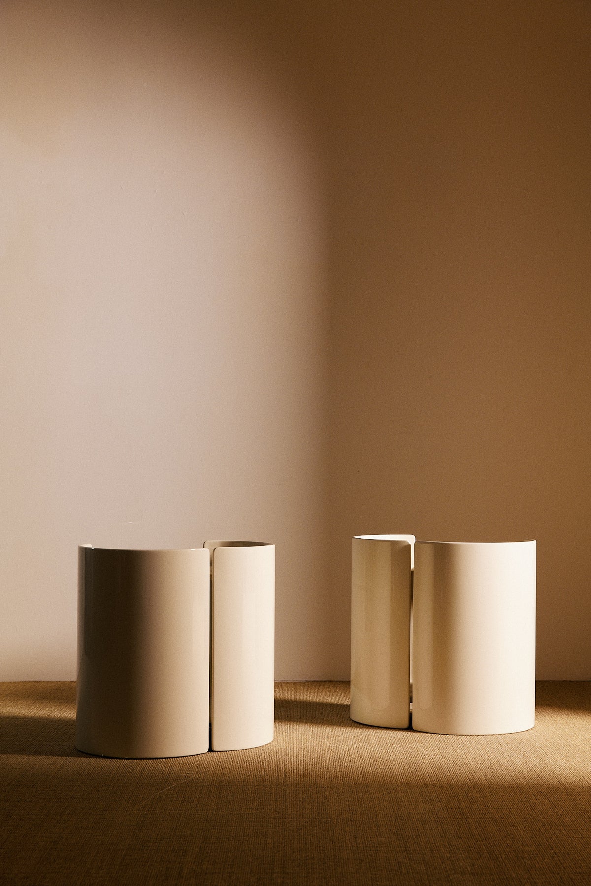 Kazuhide Takahama off white lacquered wood Gea side table, pair side by side from the front