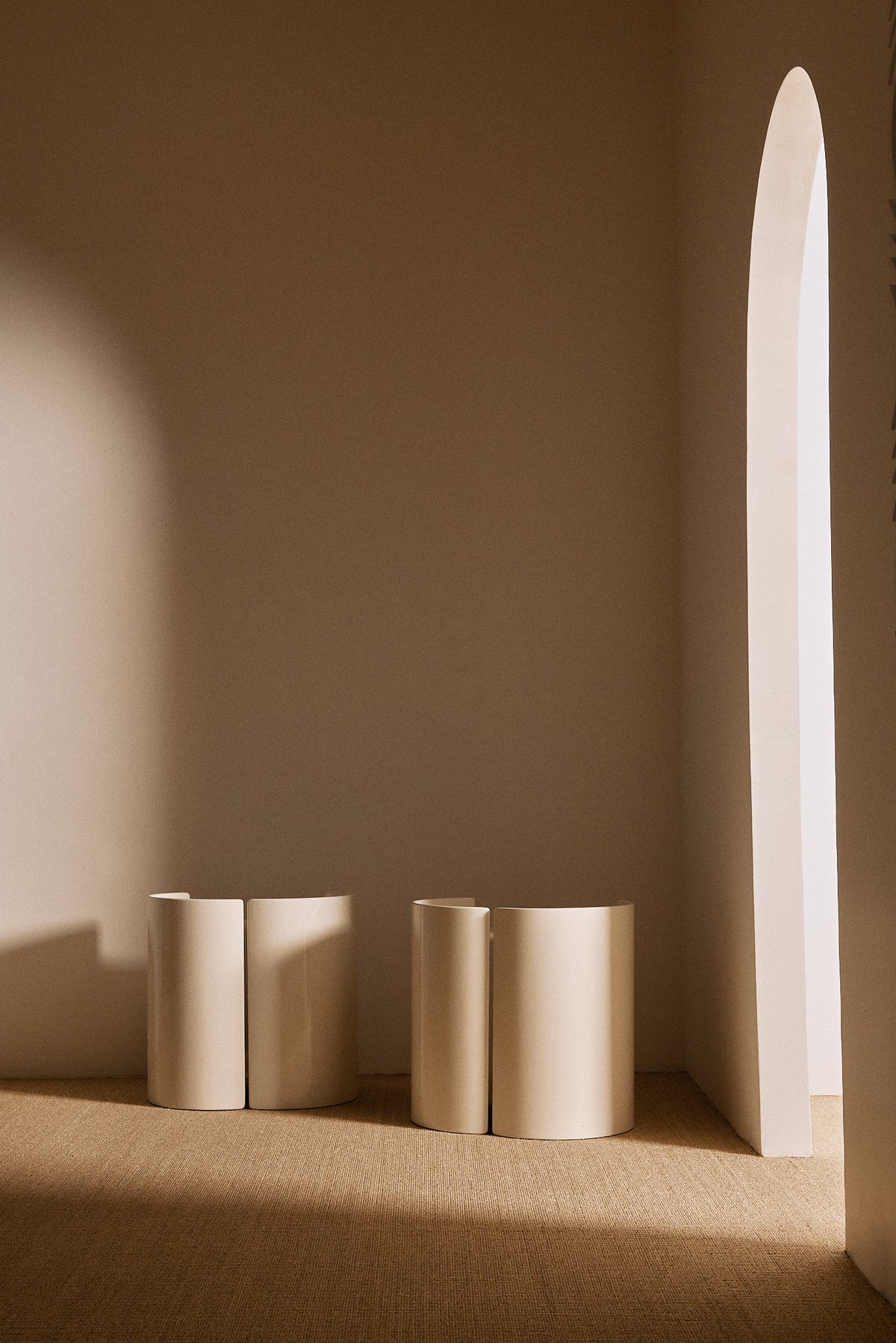 Kazuhide Takahama off white lacquered wood Gea side table, pair against the wall beside the arched window