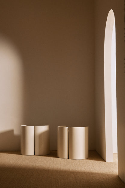 Kazuhide Takahama off white lacquered wood Gea side table, pair against the wall beside the arched window