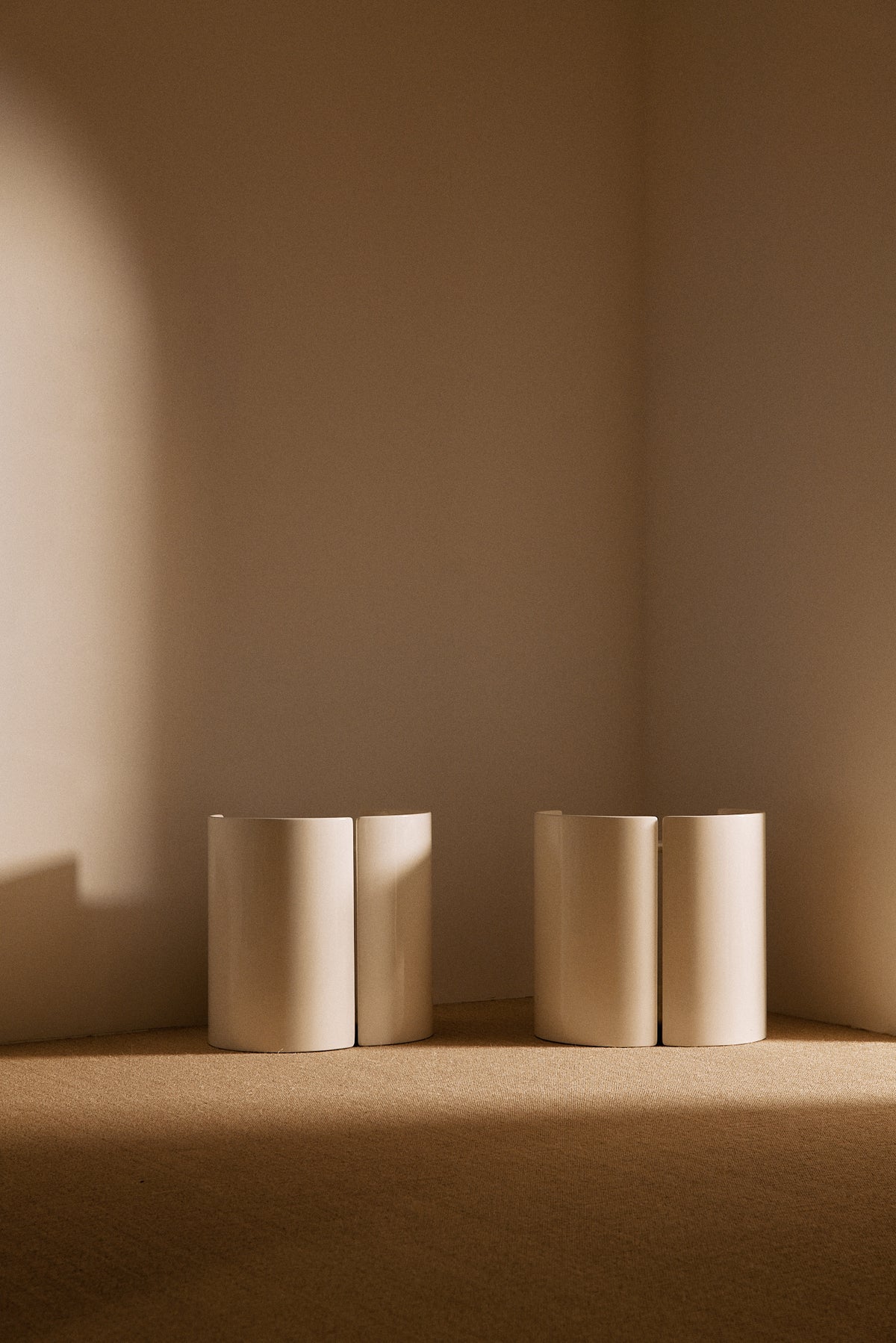 Kazuhide Takahama off white lacquered wood Gea side table, pair set close together against the wall