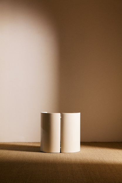 Kazuhide Takahama off white lacquered wood Gea side table, single table straight on with the panels meeting at the center