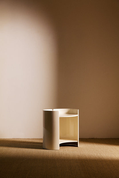 Kazuhide Takahama off white lacquered wood Gea side table, single table at an angle from the side with the shelf