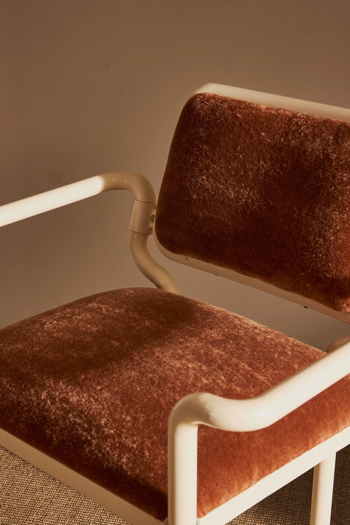 Marzio Cecchi white patinated metal and mohair velvet chair, close view of the arm, seat and back