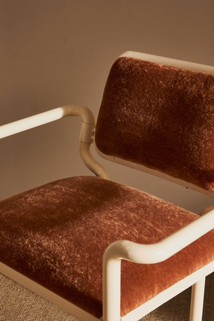 Marzio Cecchi white patinated metal and mohair velvet chair, close view of the arm, seat and back