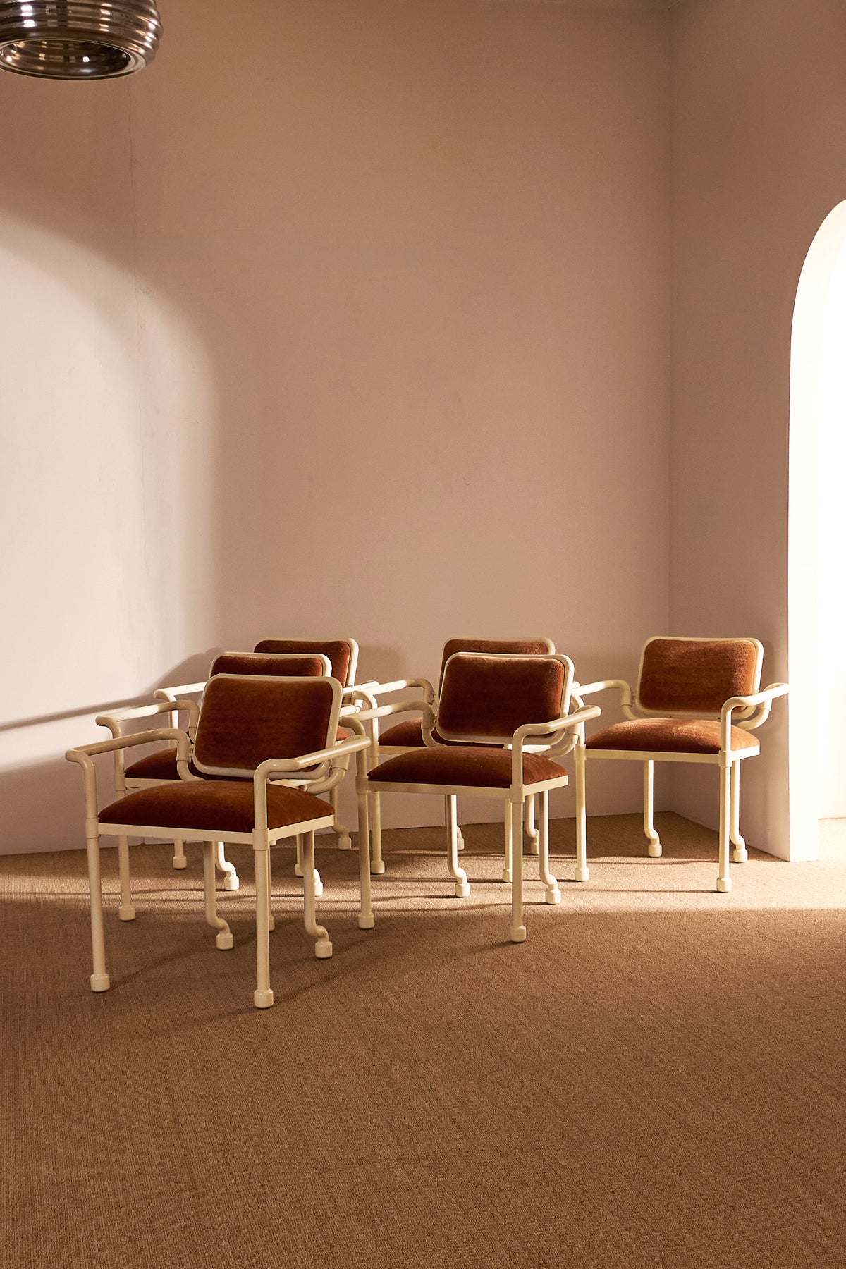 Marzio Cecchi white patinated metal and mohair velvet chair, group of chairs seen at an angle