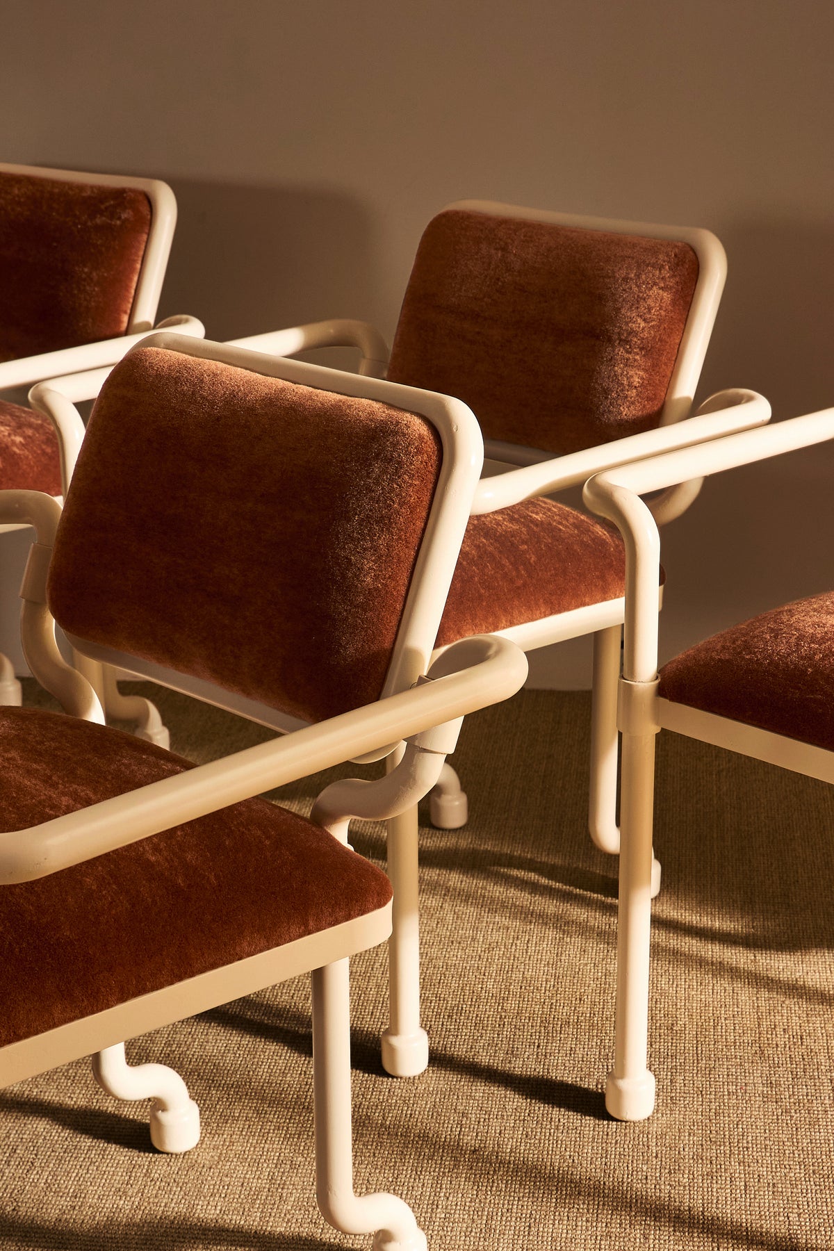 Marzio Cecchi white patinated metal and mohair velvet chair, nearer view of the chairs and their curved arms
