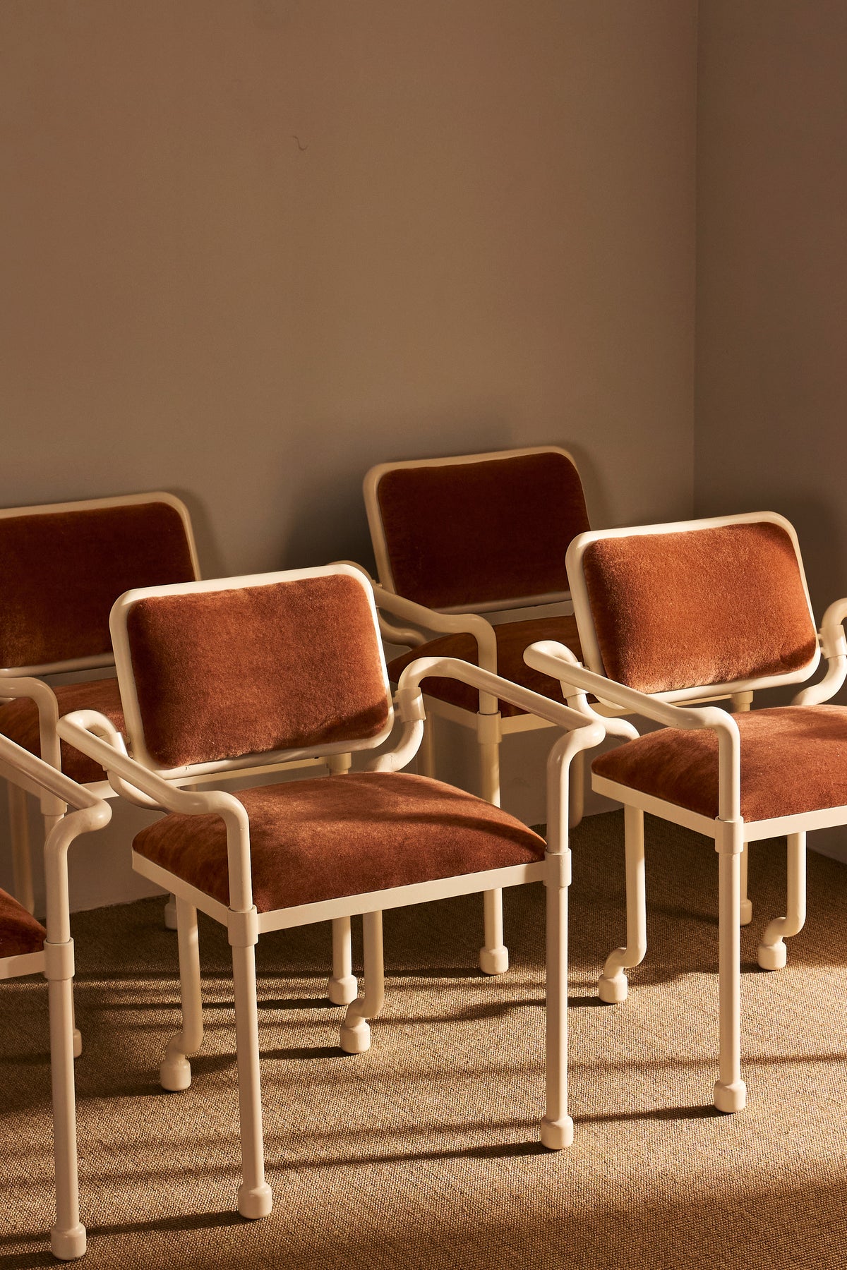 Marzio Cecchi white patinated metal and mohair velvet chair, group of chairs in a row
