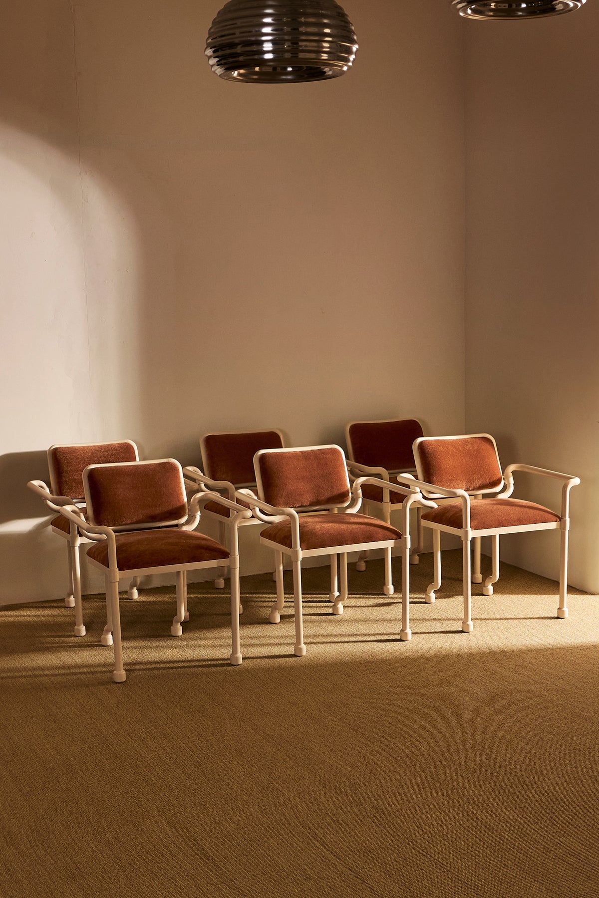 Marzio Cecchi white patinated metal and mohair velvet chair, group of chairs in the room