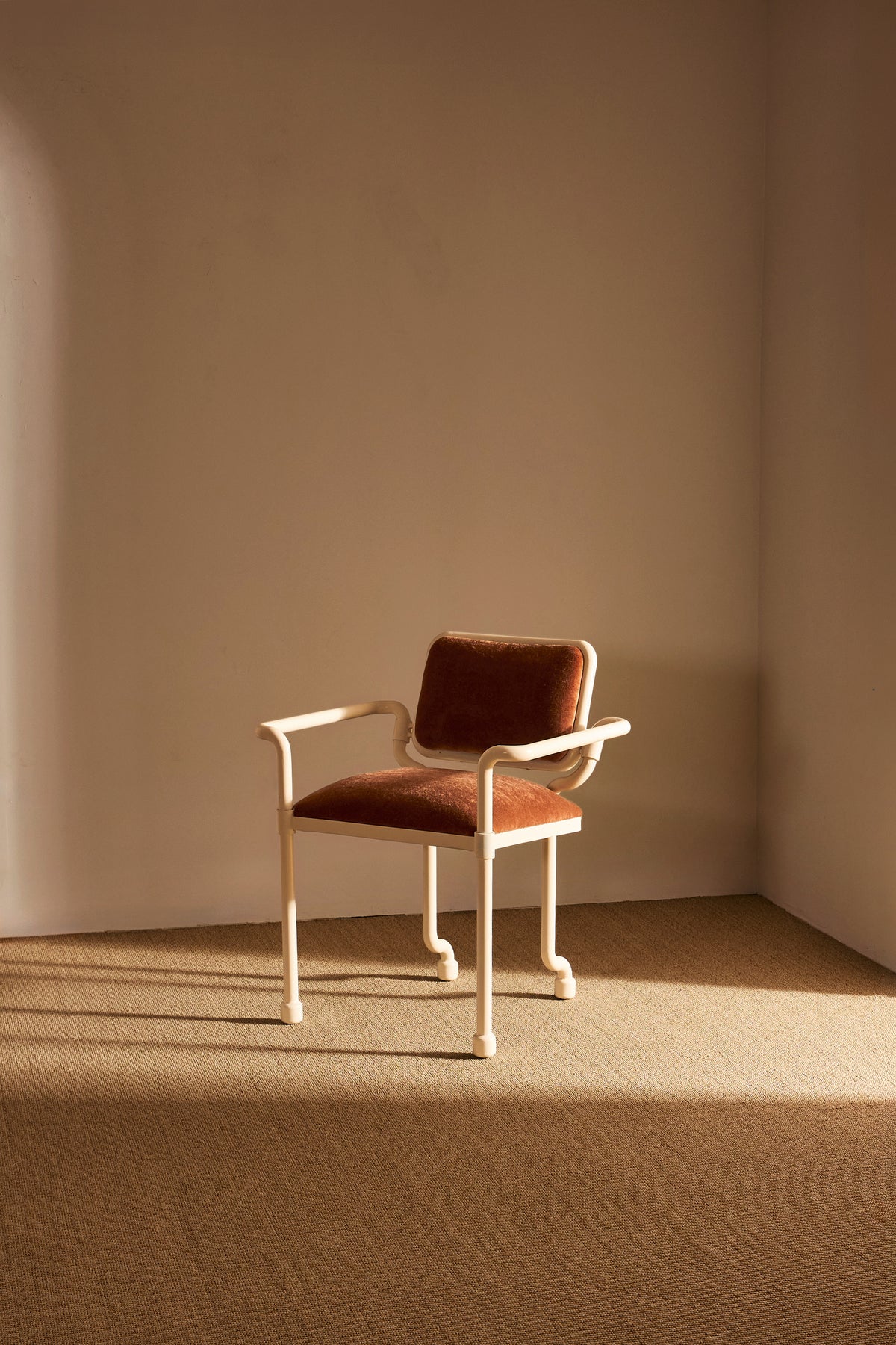 Marzio Cecchi white patinated metal and mohair velvet chair, single chair in the corner of the room