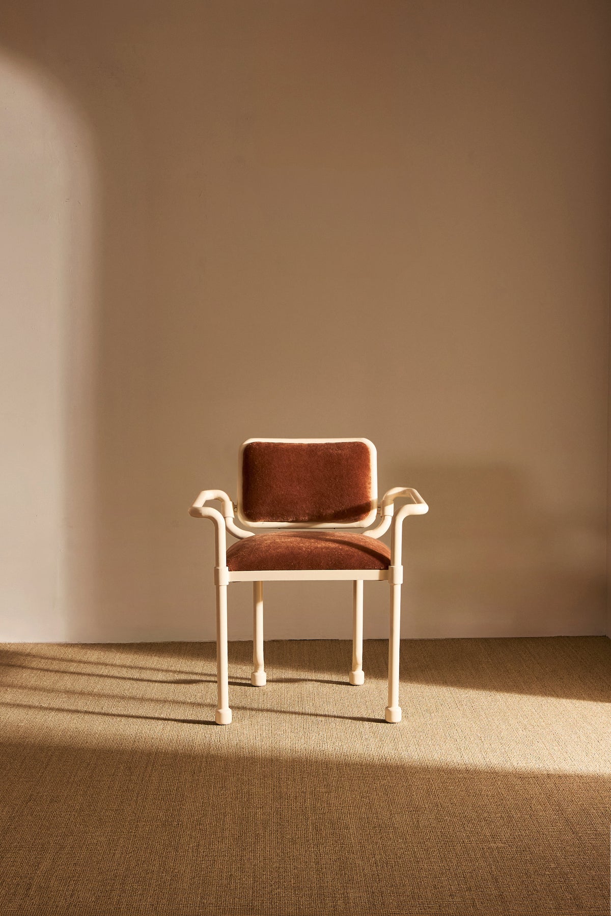 Marzio Cecchi white patinated metal and mohair velvet chair, single chair, angled front view
